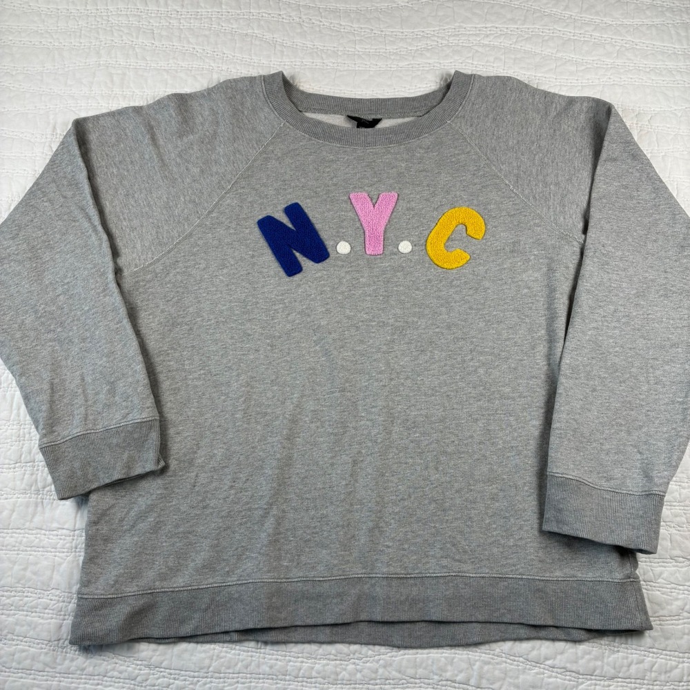 J Crew NYC Chenille Embroidered Crewneck Sweatshirt Gray XXL Preppy Lounge Retro